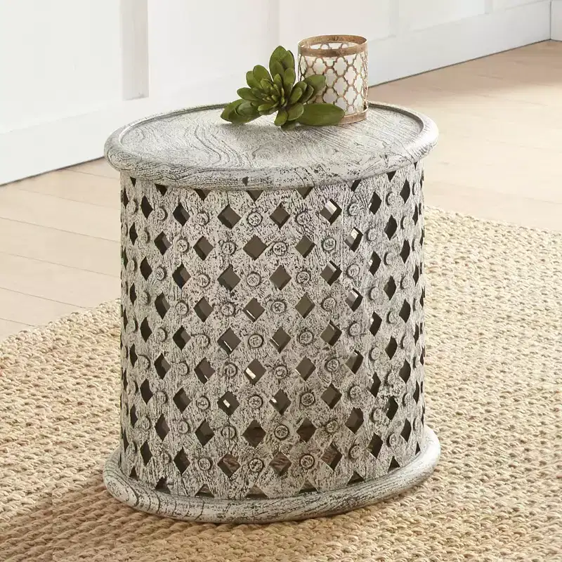 Round End Table Alabaster: No Assembly, Tray Top, Wood, Heathered White
