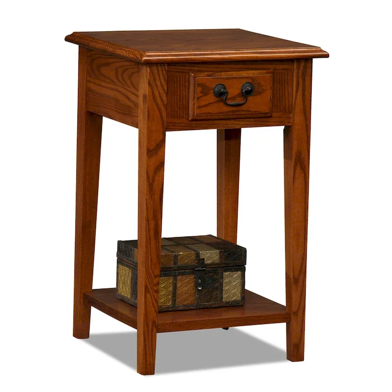 Medium Oak / Slate Black / White One-Drawer Square Side Table with Bottom Shelf