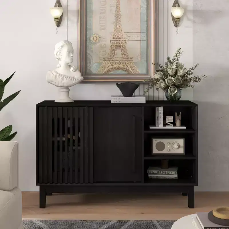 47 Mid-Century Modern Sideboard & TV Stand, Buffet Storage Cabinet with Sliding Slat Door, Solid Wood Legs