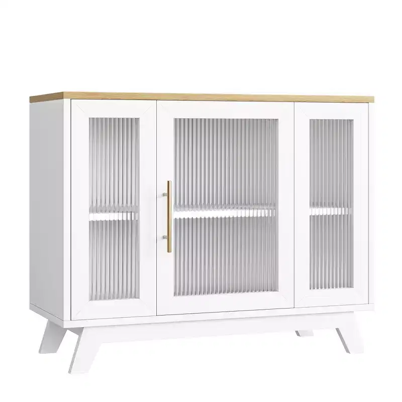 Buffet Cabinet with Storage, 36 Sideboard Cabinet with Fluted Glass Door, Retro Coffee Bar Station with Adjustable Shelf, Natural