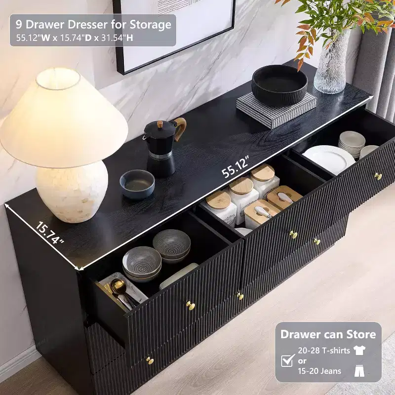 9 Drawer Fluted Dresser, 55 Wide Wood Chest of Drawers with Deep Storage, Modern Storage Organizer for Bedroom, Living Room