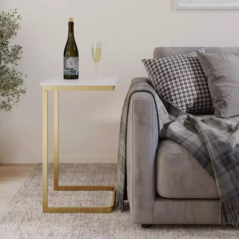 C-Shaped End Table with Marble Top and Gold Iron Frame
