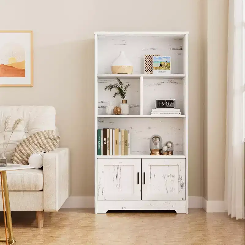 Wooden bookshelf, bookcase with doors, bedroom storage rack, suitable for bedroom, living room, home, office