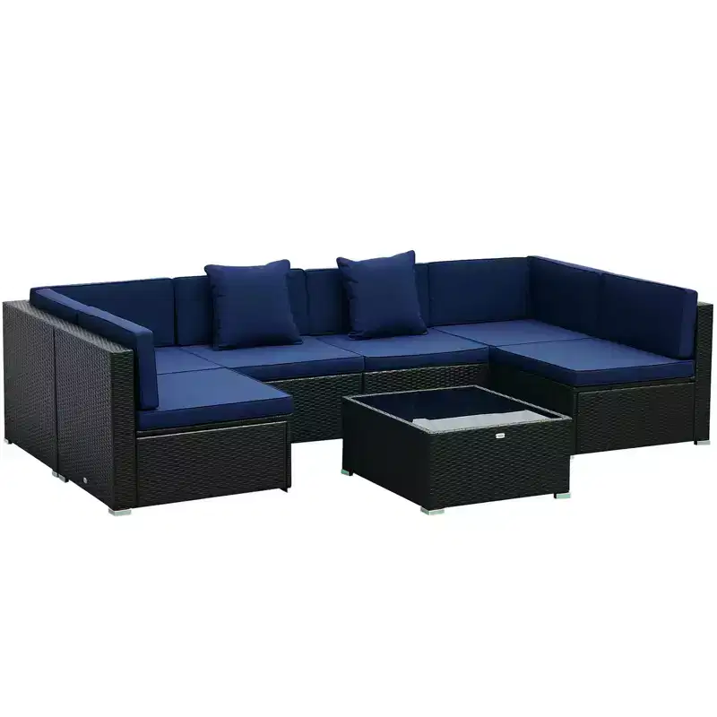 6 Piece Outdoor Patio Sofa Set with Cushions, All Weather PE Rattan, 29.5 Sofa Section, Glass Top Coffee Table for Outdoor Living