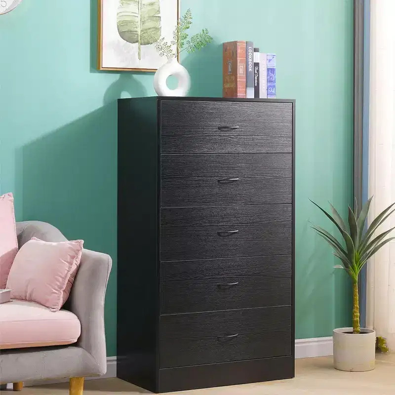 Tall 5 Drawer Dresser for Bedroom 49.4 Inch Chest of Drawers MDF Wood Black Finish