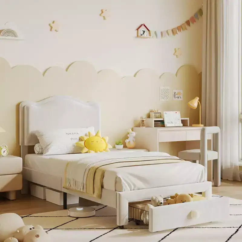 Twin Size Platform Bed Frame with Storage Drawer, Upholstered Scallop Headboard for Kids