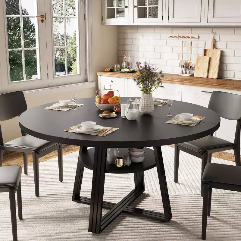 Round Dining Table for 4-6, 47.2 Farmhouse Kitchen Table with Storage, Circle Dinner Tables for Kitchen, Dining Room, Living Room, Meeting Room