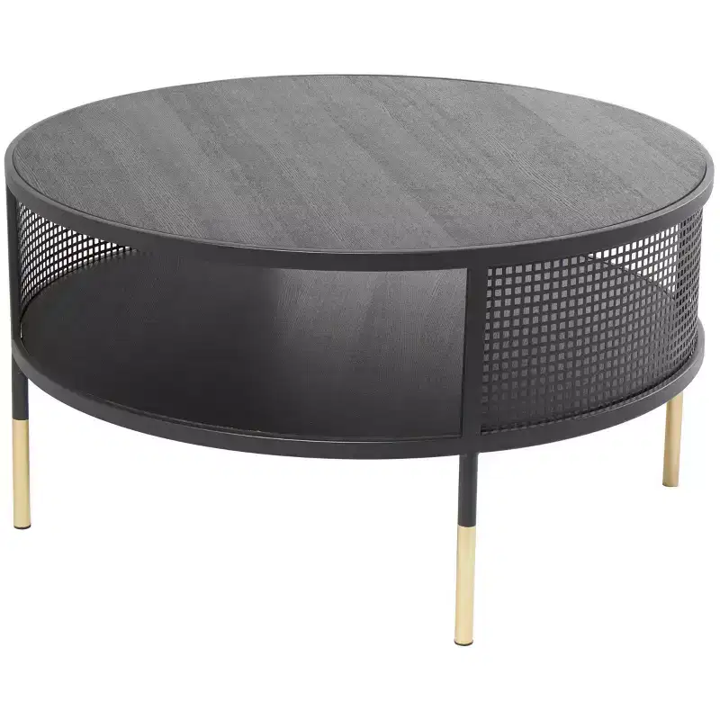 Olivia & May Metal Open Grid Frame 1 Shelf Coffee Table with Gold Legs Black: Modern Drum Style, No Assembly Required