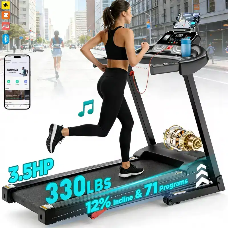 3HP Folding Treadmill 300 lb Capacity, 3-Level Manual Incline, 0.67.5 MPH, 71 Programs, FitShow App, Bluetooth Speakers, LED Display