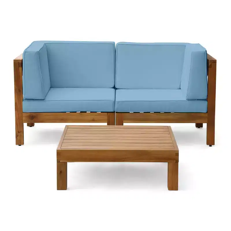 GDFStudio Keith Outdoor Acacia Wood Loveseat and Coffee Table Set with Cushions