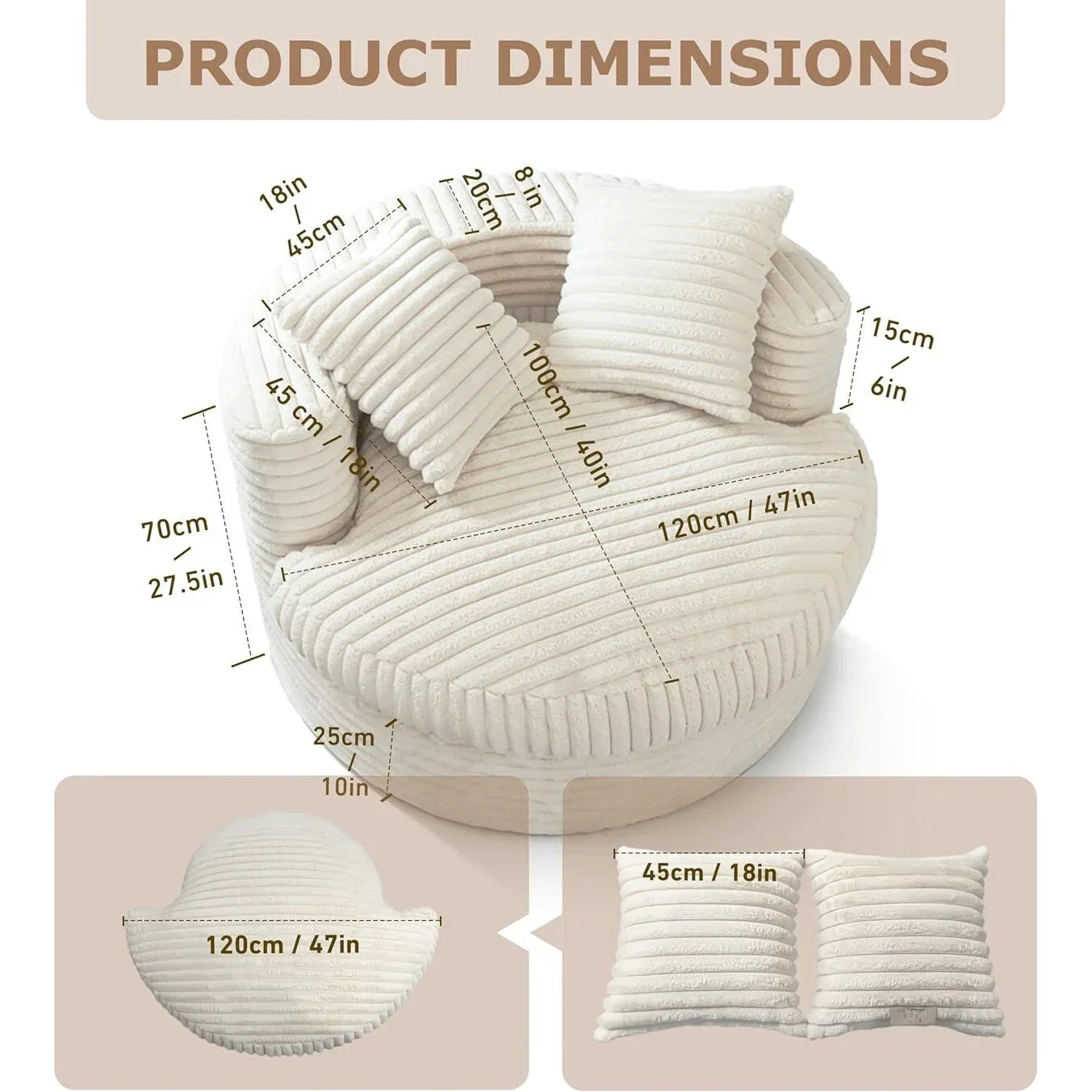 WOWMAX 47 Round Chaise Lounge Chair Indoor, Upholstered Corduroy Floor Sofa Oversized Sleeper Chair with 2 Throw Pillows