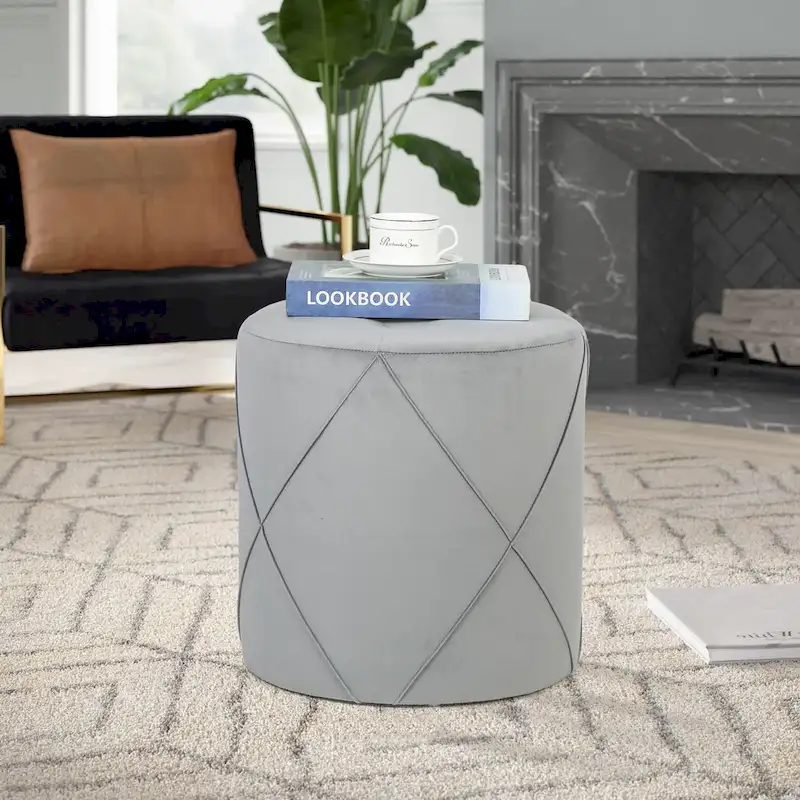 Adeco Velvet Round Tufted Ottoman Foot Rest Vanity Stool