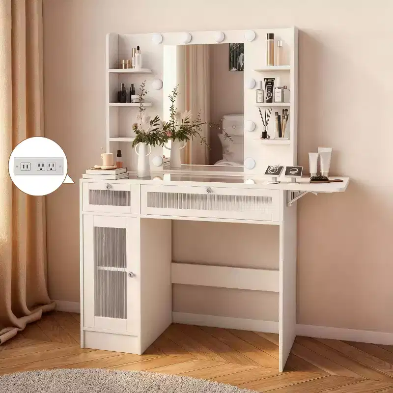 White Dressing Table with Mirror, Desk Lamp, USB Charging Port, Cabinets and Drawers