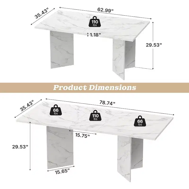 63 78.7 Extendable Dining Table, Wooden Farmhouse Design w/ Smooth Slide Track and Sturdy Base, Versatile for Kitchen, Living Room, White