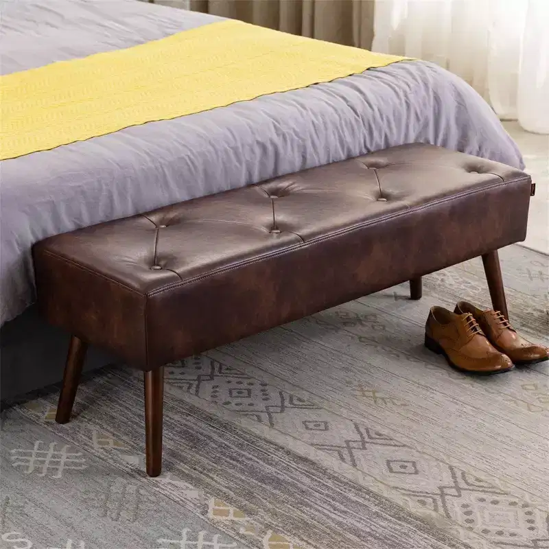 44 Inch Bedroom Ottoman Bench, Faux Leather Upholstered with Wooden Legs for Living Room/Bedroom/Entryway