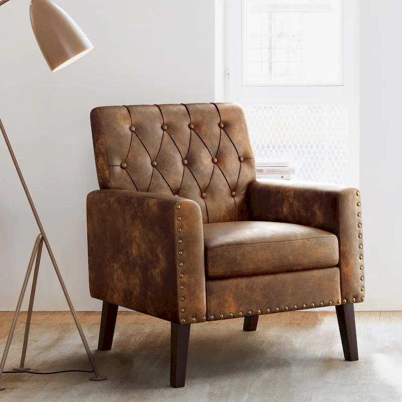 LUE BONA Linen Accent Chair Comfy Living Room Chair with Arms Upholstered Button Tufted Armchair Modern Arm Chairs