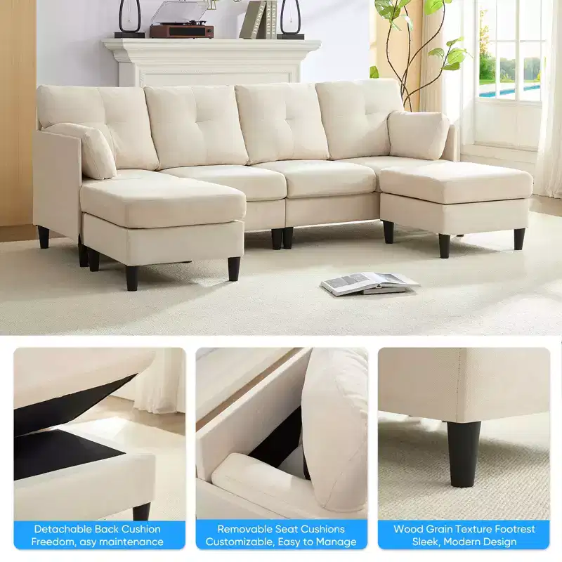 Mjkone Modular Convertible Sectional Sofa Couch, Upholstered Comfy Fabric 4-Seater Sofa with Movable Ottomans