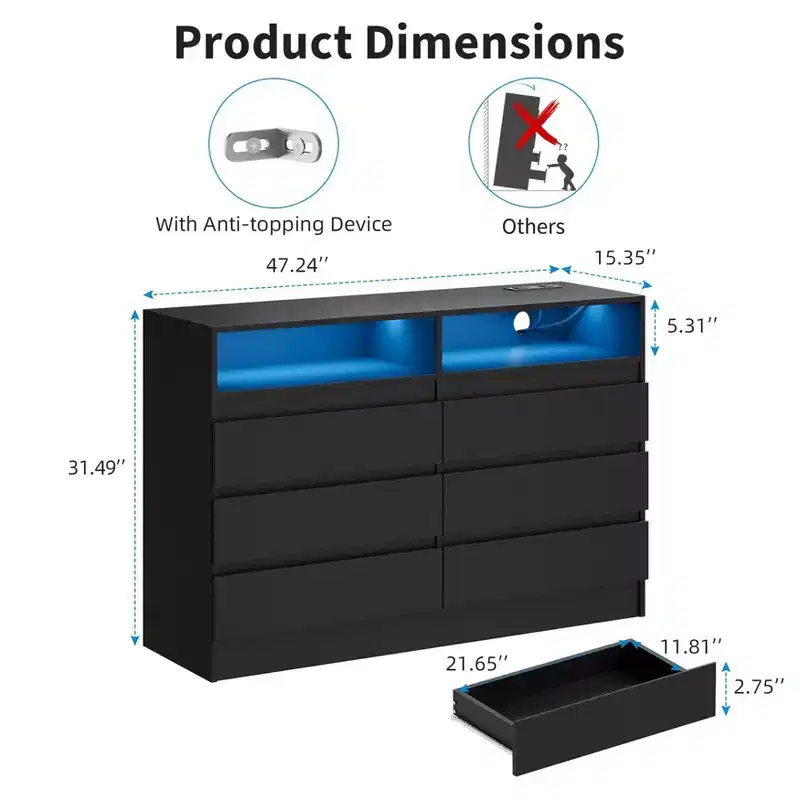 6-Drawer Double Dresser with LED Lights & Power Outlet, Handle-Free Modern Bedroom Dresser, 2 AC + 2 USB, Black/White
