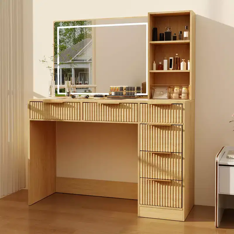 Fluted Vanity Desk with Large Mirror & Lights, Big Makeup Table with 6 Drawers & Charging Station