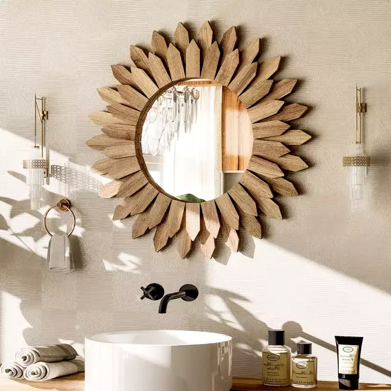 20 Round Sunflower Wall Mirror, Boho Decorative Wood Frame, Vanity or Bathroom Wall Mirror for Living Room, Entryway, Bedroom