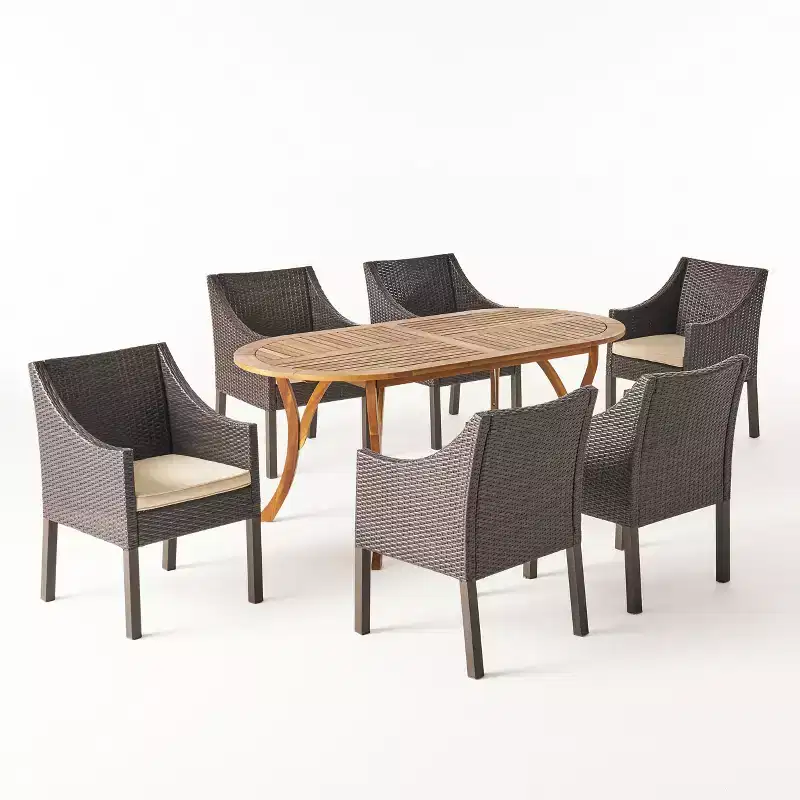 Christopher Knight Home Vermont Outdoor Acacia Wood and Wicker 7 Piece Dining Set with Cushions