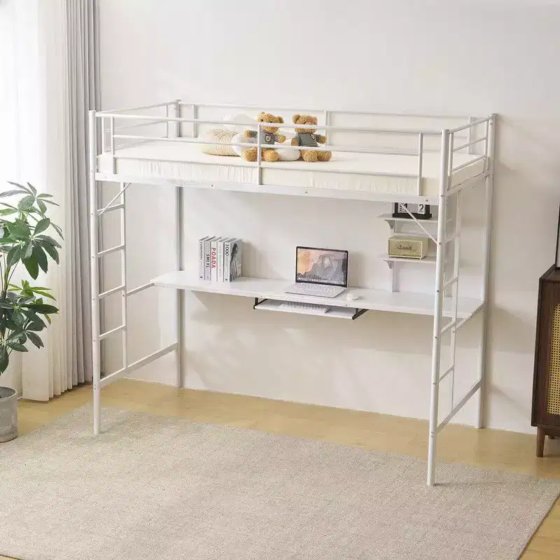 Karl Home Twin Size Metal Loft Bed with Desk And Storage Shelves, 2 Built-In Ladders