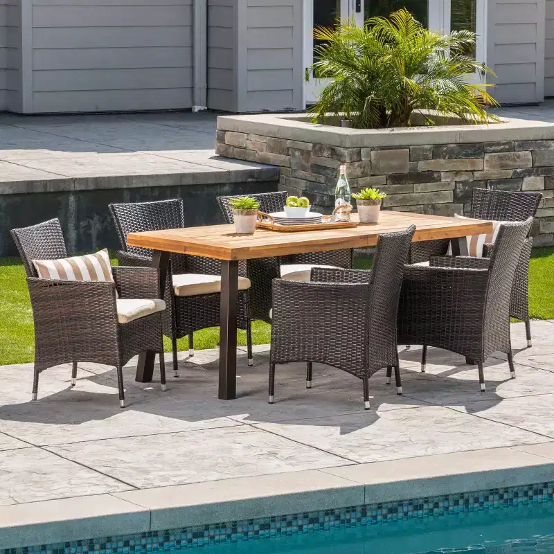 Tustin 7pc Acacia Wood and Wicker Dining Set Brown/Beige - Christopher Knight Home: With Cushions, Weather-Resistant