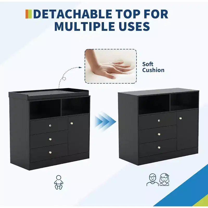 Acekool Baby Dresser with Changing Table, Wooden Nursery Changing Station with Drawers, Cabinet, Open Shelves, for Bedroom or Nursery