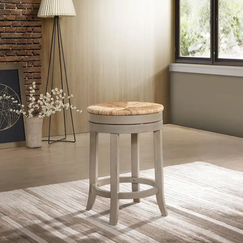 24 Gray and Beige Counter Stool with Swivel Rush Seat