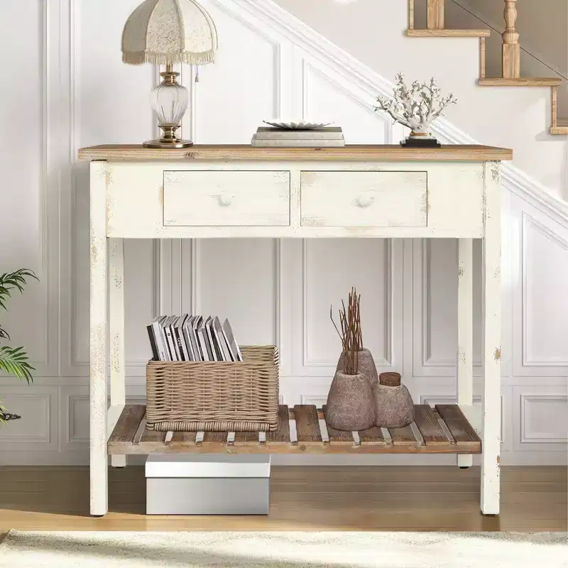 Rustic Fir Wood Console Table with 2 Drawers and 1 Open Lower Shelf
