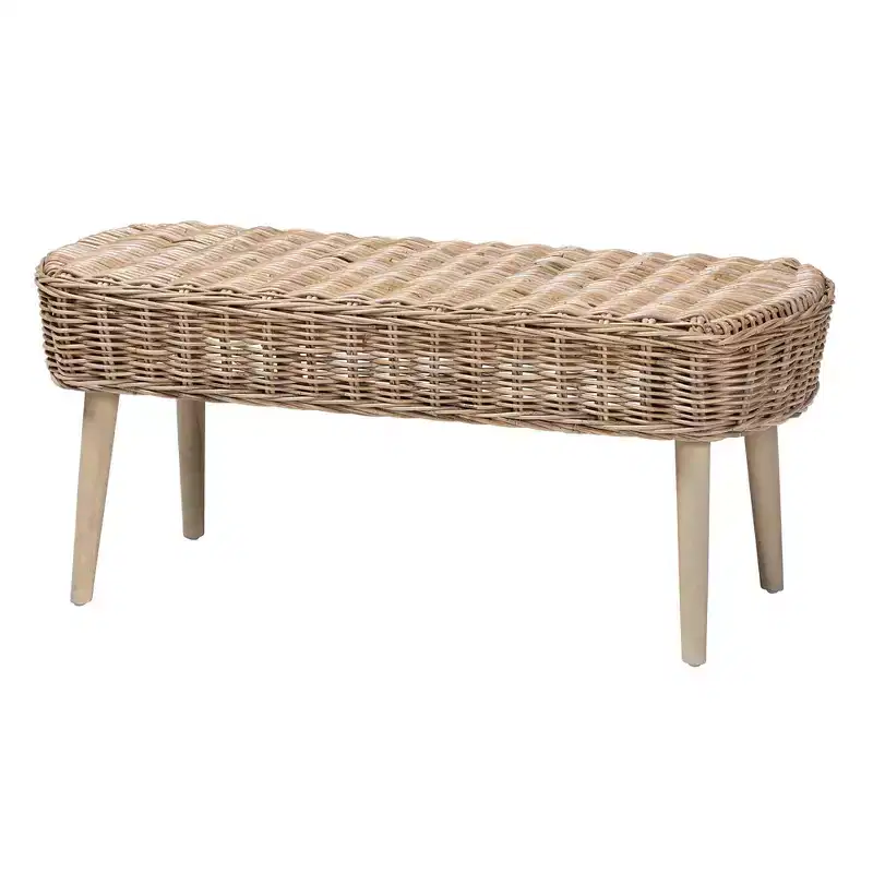 &  Natural Kubu Rattan and Acacia Wood Accent Bench Gray