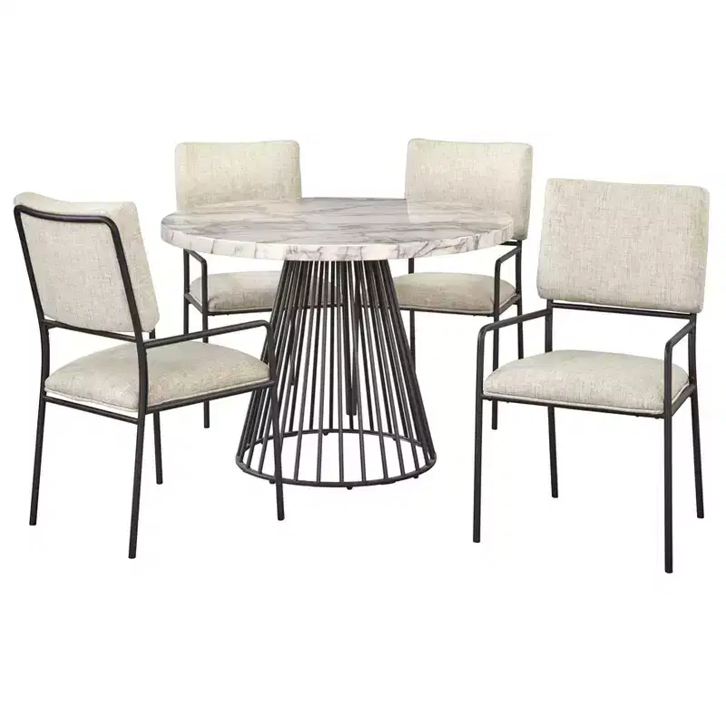 Lifestorey 5pc Indra Dining Set Cream: Faux Marble Top, Black Metal Base