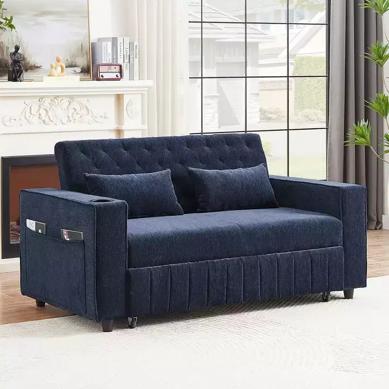 MAYEERTY 61.4 Pull-out Sofa Bed Convertible Couch Loveseat Sofa Modern Sleeper Sofa with Adjustable Backrest for Living Room Blue