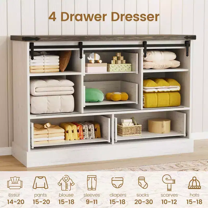Farmhouse 4-Drawer Dresser with Sliding Barn Doors, 45 TV Stand and Storage Chest