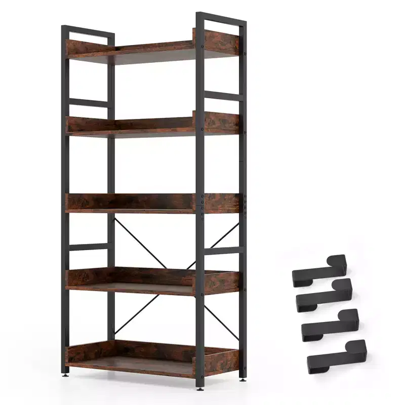 Gymax 1/2PC 5-Tier Storage Rack w/ Hooks Open Shelves Rustic Wood Grain Design Adjustable Feet Brown+Black