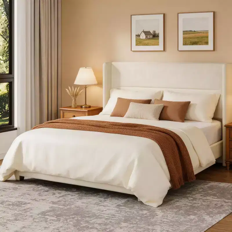 Full Size Bed Frame with Wingback Headboard, Velvet Upholstered Platform Bed Frame, Wood Slats Support, No Box Spring Needed, Noise-Free, Beige