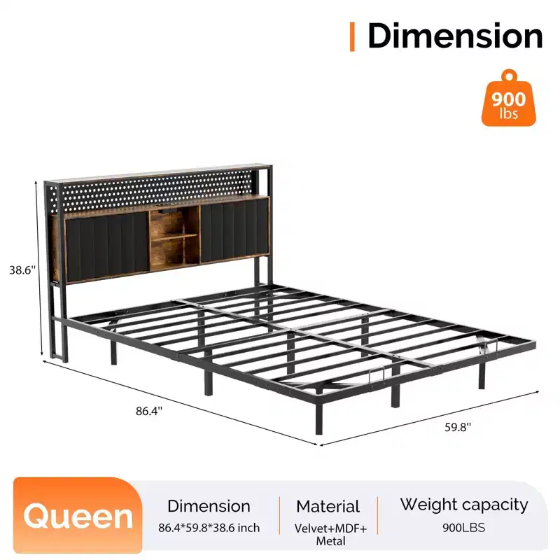 Floating Bed Frame with LED Lights, Charging Station, Hidden Storage & Velvet Headboard, No Box Spring Needed, Easy Assembly