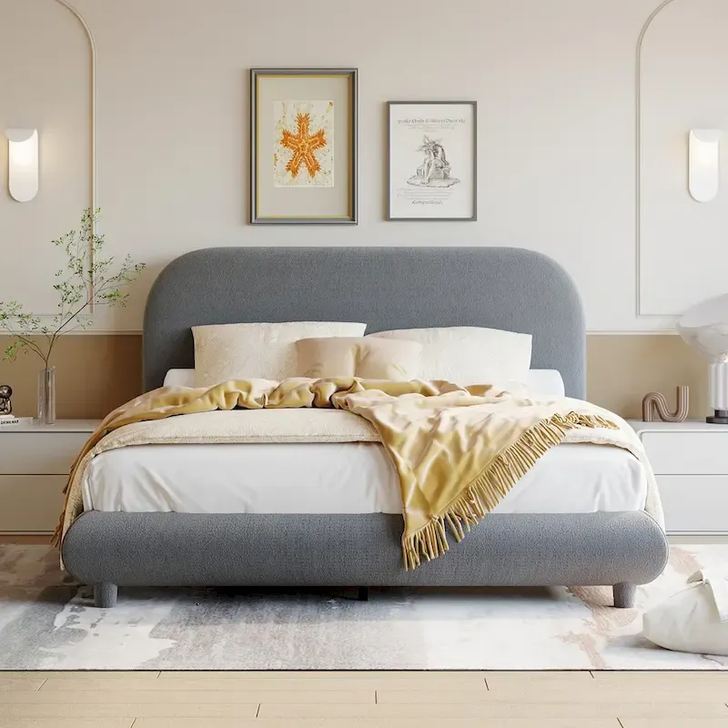 Teddy Fleece Full Size Upholstered Platform Bed with Thick Fabric, Solid Frame and Stylish Curve-shaped Design