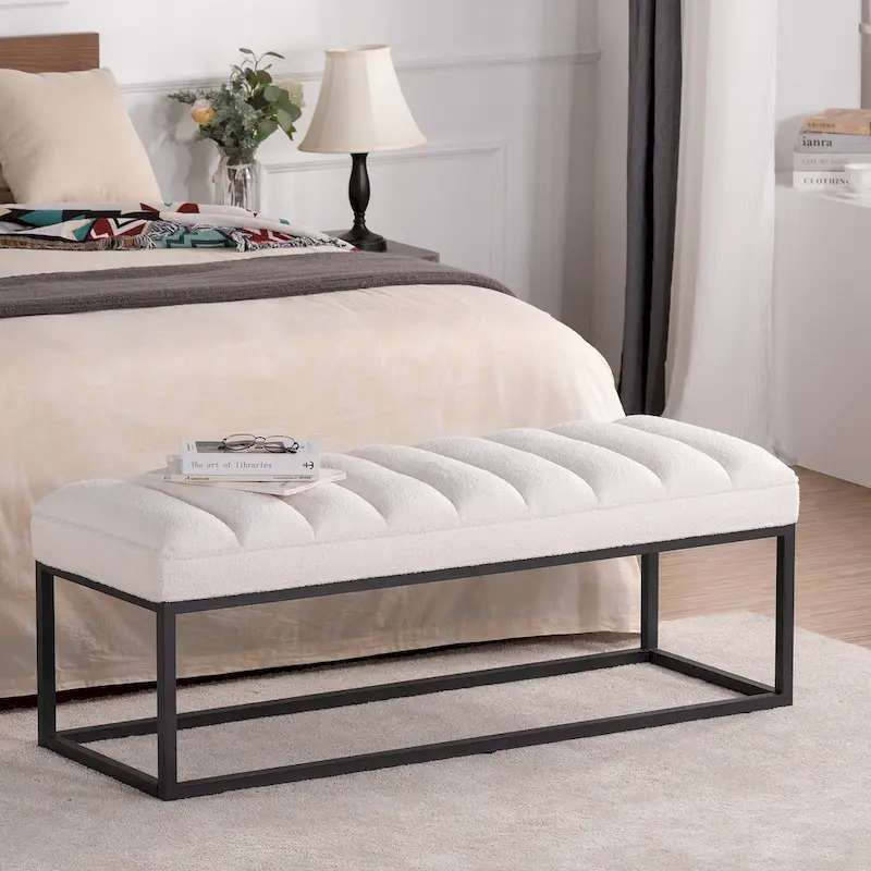 Metal Base Velvet Upholstered Bench for Bedroom Entryway