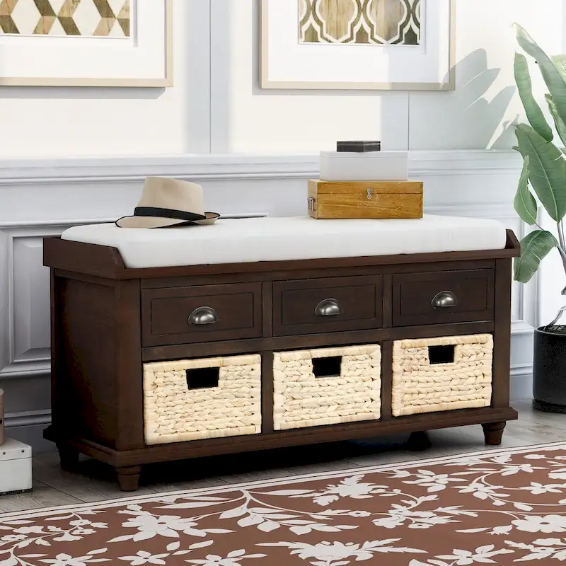 Rustic Storage Bench with 3 Drawers and 3 Rattan Baskets, Shoe Bench for Living Room, Entryway
