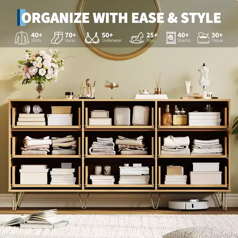 9-Drawer Fluted Dresser, Wooden Storage Chest with Metal Handles for Living Room, Natural Wood
