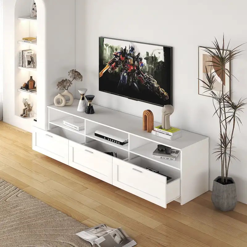 70-Inch TV Stand with Open Shelves and Drawers — White