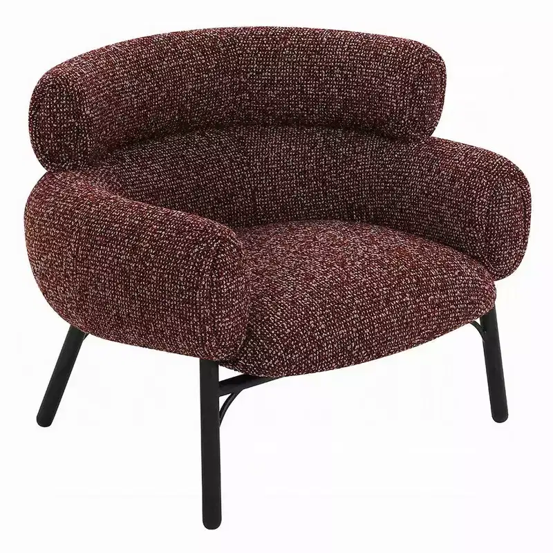 Curved Back Accent Sofa Chair, Maroon Red Tweed Fabric with Black Metal Legs