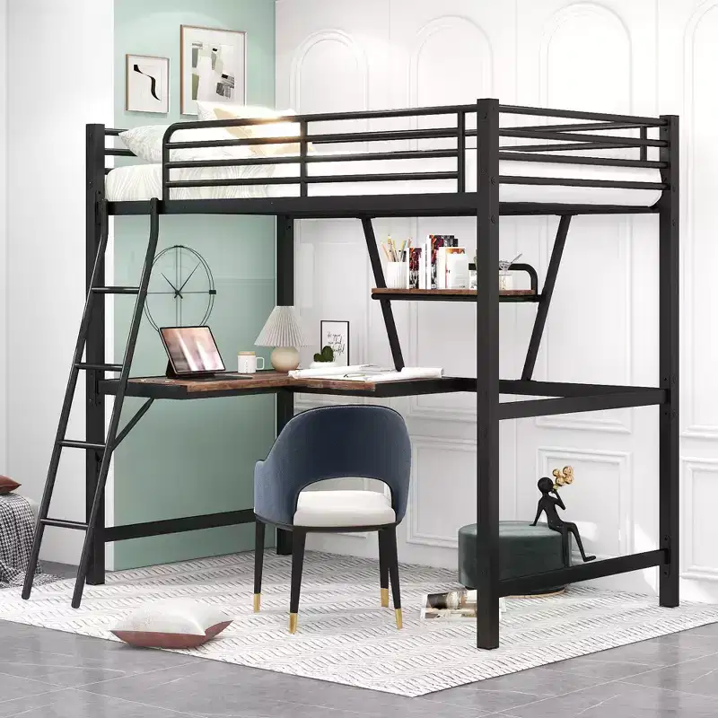Metal Twin Size Loft Bed with Desk for Kids Teens, Hight Twin Loft Bed Frame with Small Shelf
