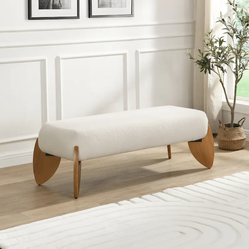 '- Clara White Boucle Ottoman Bench - 48   W x 19.5   D x 17   H