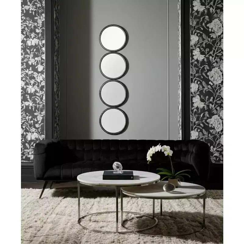 Modern Wall Mirror, Accent Mirror with Round Glass Panels, Wood & Metal Frame, Decorative Home & Office Decor for Living Room & Bedroom, 48 Black