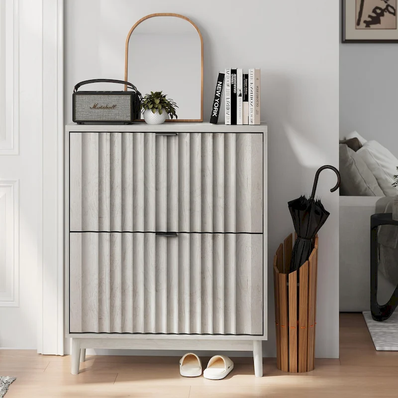 Shoe Cabinet with 2 Flip Drawers, Fluted Shoe Storage Cabinet for Entryway, Free Standing Shoe Storage Organizer with Wave Doors