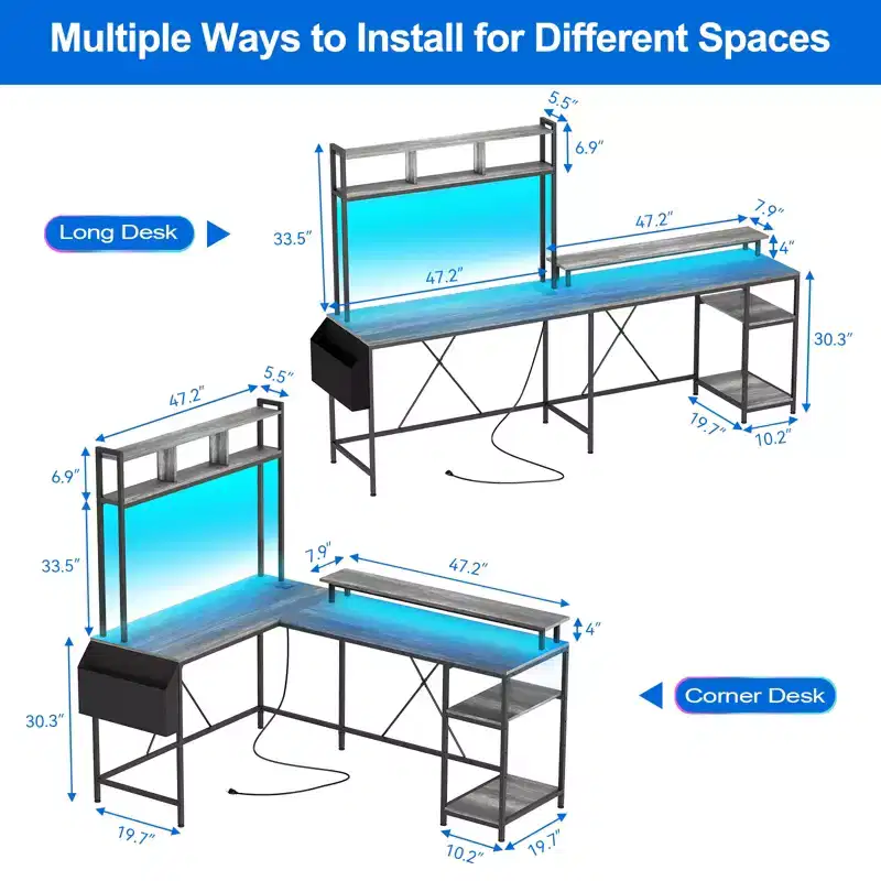 L-Shaped Gaming Desk with LED Lights, Power Outlets, Reversible L-Shaped Computer Desk with Monitor Stand & Storage Shelves, Corner Desk