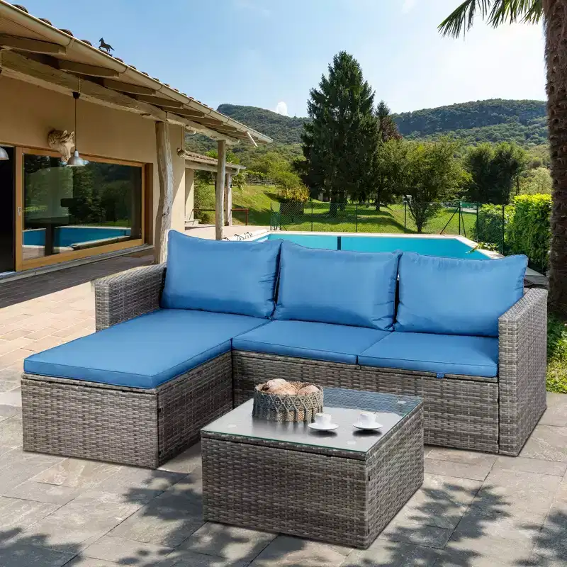 Celebalcony 3 Pieces Patio Furniture Set, Outdoor Wicker Sectional Sofa with Coffee Table, Anti-Slip & All-Weather Cushions for Garden,Backyard, Blue