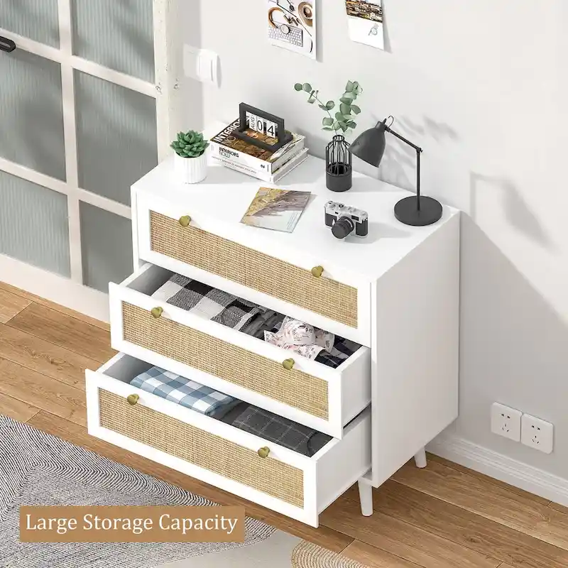 Mid-Century Modern 3-Drawer White Dresser Rattan Chest of Drawers Storage Organizer for Bedroom